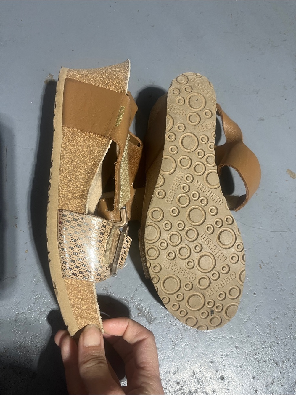 Mephisto 40 Casual Two-Buckle Sandals in Metallic Tan - Picture 4 of 5